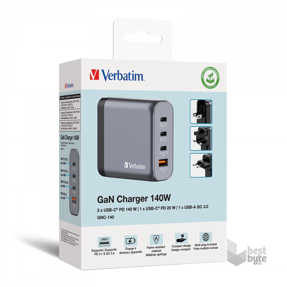 Verbatim 32203 GNC-140 GaN Charger 140W USB Type-A + 3xType-C hálózati töltő adapter