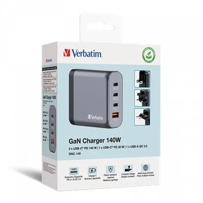Verbatim 32203 GNC-140 GaN Charger 140W USB Type-A + 3xType-C hálózati töltő adapter