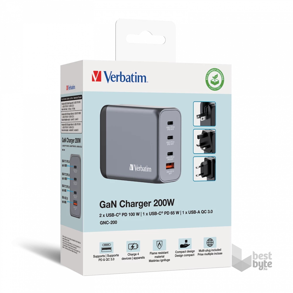 Verbatim 32204 GNC-200 GaN Charger 200W USB Type-A + 3xType-C hálózati töltő adapter