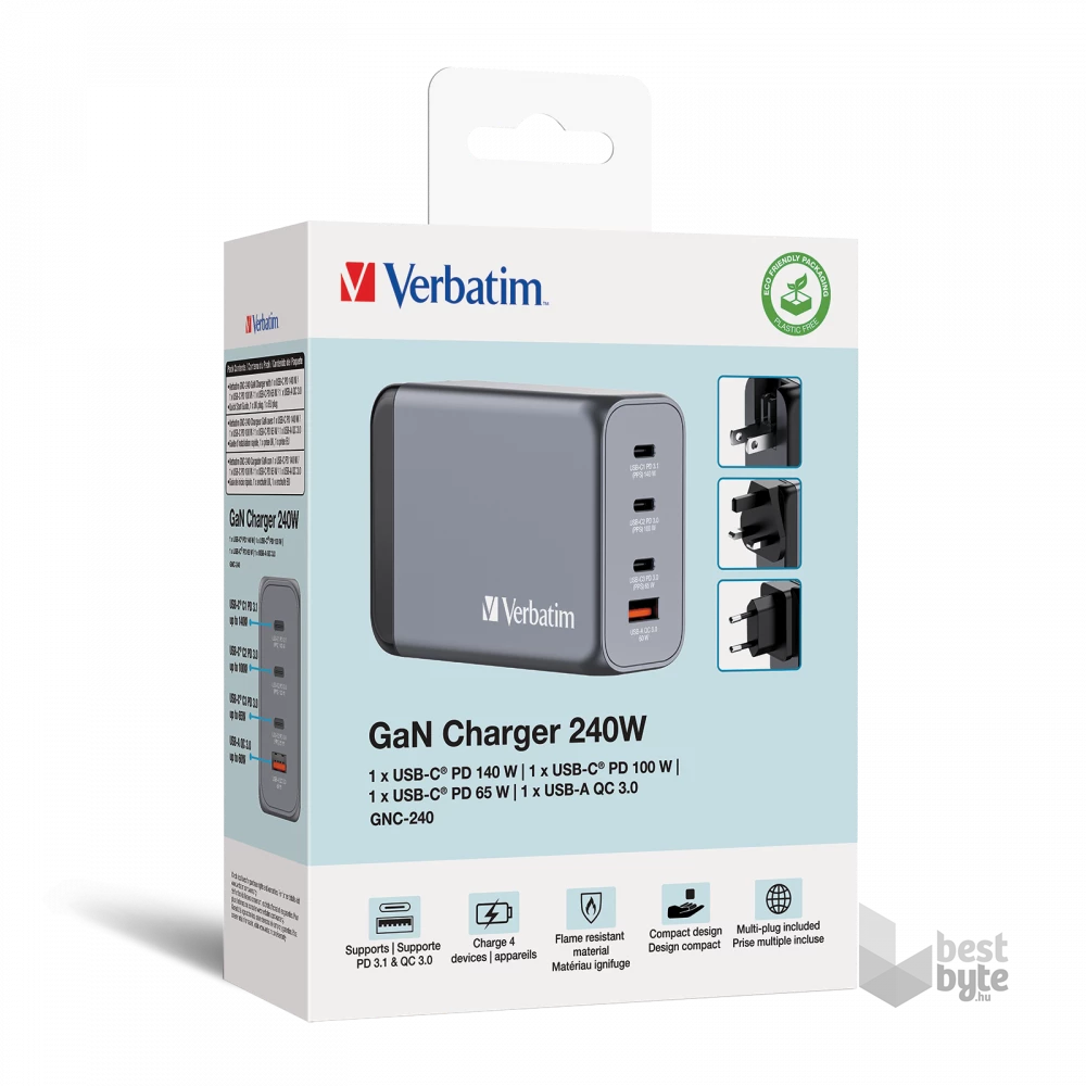 Verbatim 32205 GNC-240 GaN Charger 240W USB Type-A + 3xType-C hálózati töltő adapter