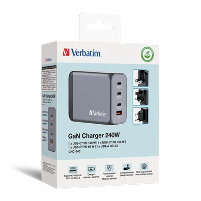 Verbatim 32205 GNC-240 GaN Charger 240W USB Type-A + 3xType-C hálózati töltő adapter