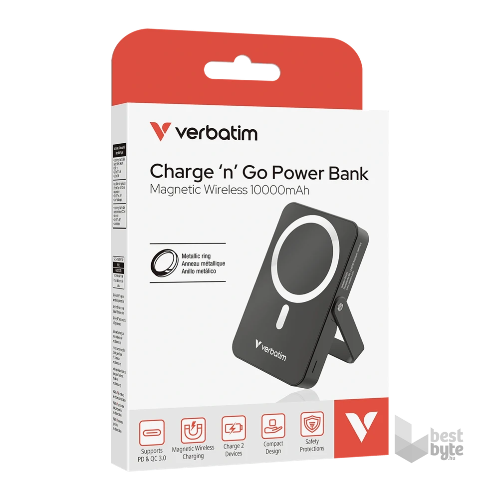 Verbatim 32264 Charge n Go 10000mAh fekete vezeték nélküli kitámasztható mágneses powerbank