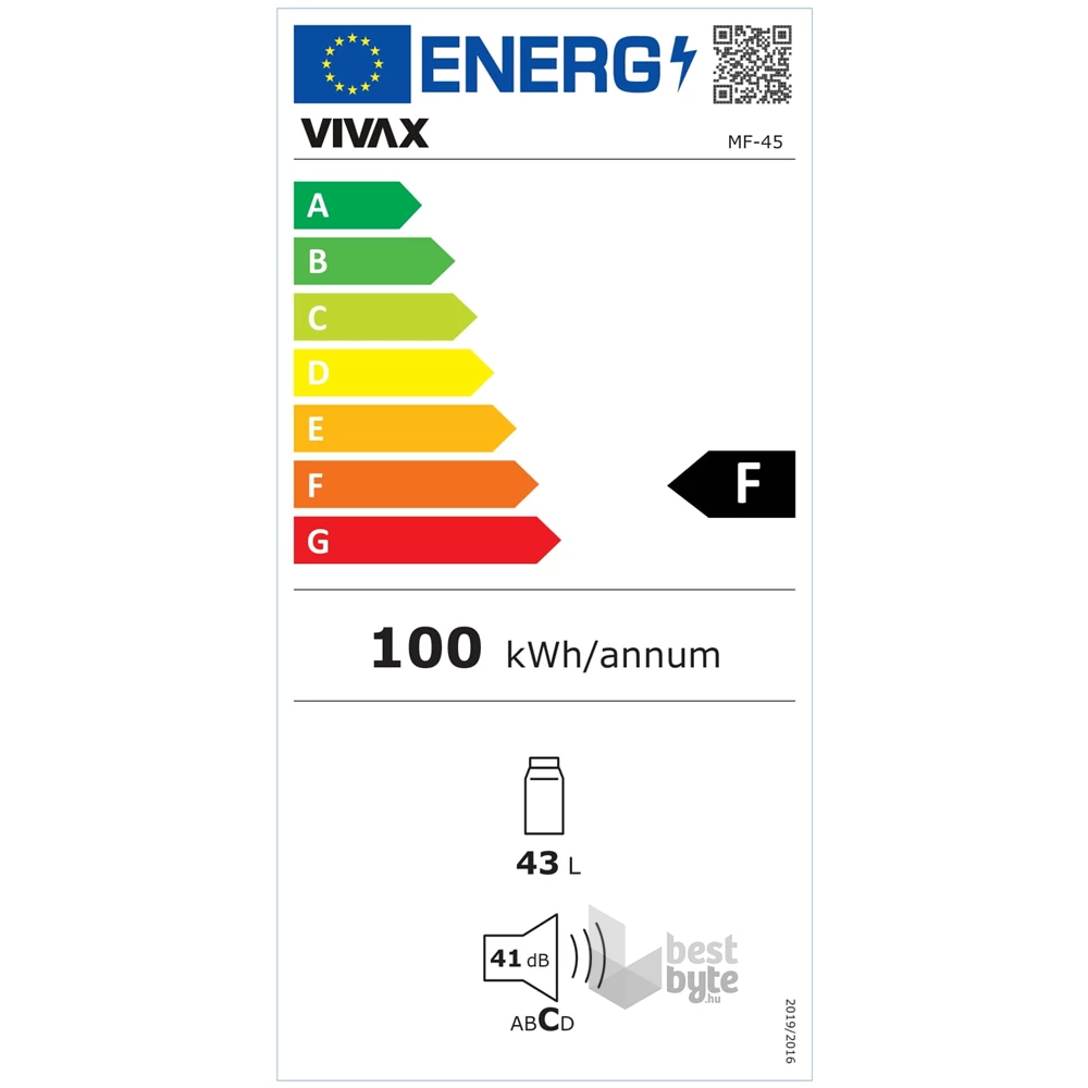 Vivax MF-45 fehér, egyajtós, Hűtő:39L, Fagyasztó:4L, mini hűtőszekrény