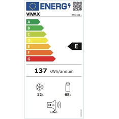 Vivax TTR-93E+ fehér, egyajtós, Hűtő:68L, Fagyasztó:12L, hűtőszekrény