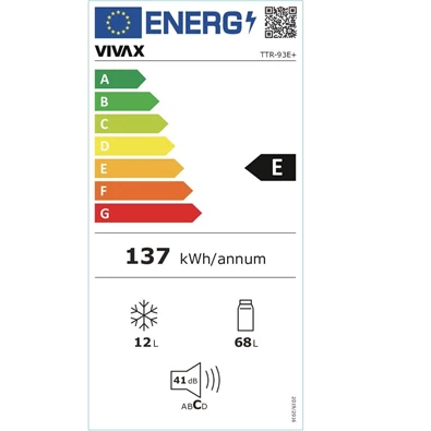 Vivax TTR-93E+ fehér, egyajtós, Hűtő:68L, Fagyasztó:12L, hűtőszekrény
