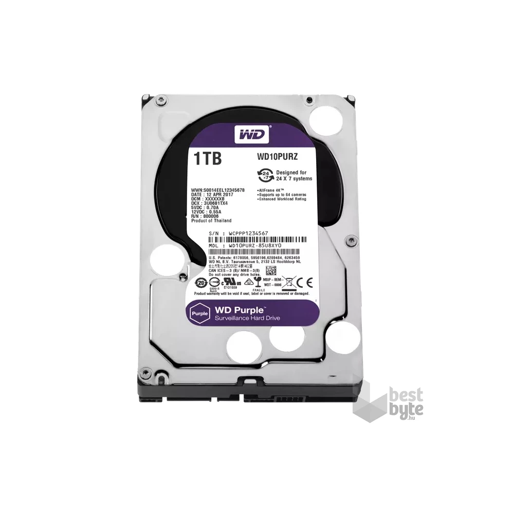 Western Digital 3,5" 1000GB belső SATAIII 5400RPM 64MB PURPLE WD10PURZ winchester 3 év