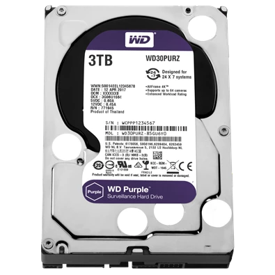 Western Digital 3,5" 3000GB belső SATAIII 5400RPM 64MB PURPLE WD30PURZ winchester 3 év