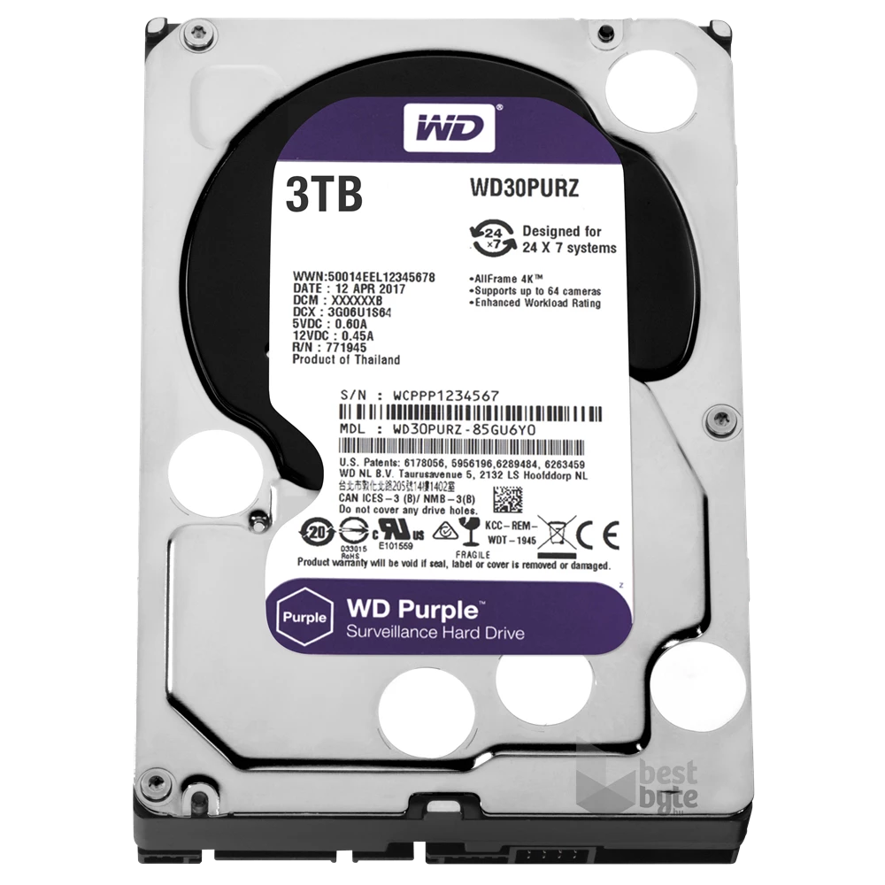 Western Digital 3,5" 3000GB belső SATAIII 5400RPM 64MB PURPLE WD30PURZ winchester 3 év
