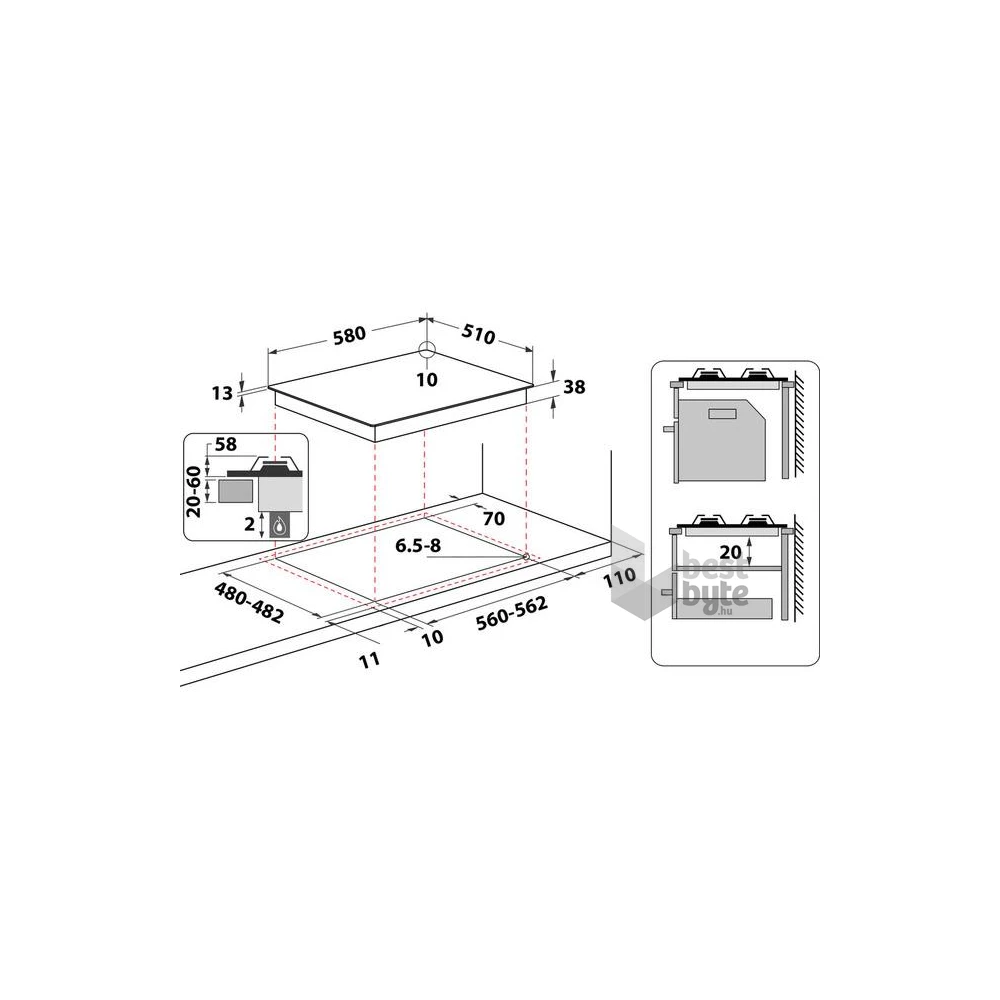 Whirlpool TKRL 660 IX inox, beépíthető, gáz, főzőzóna: 5, beépíthető méret: 56cm, főzőlap