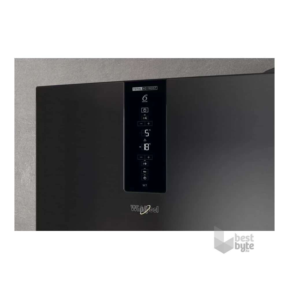 Whirlpool W7X 94T KS fekete, alulfagyasztós, Hűtő:263L, Fagyasztó:104L, Total No frost hűtőszekrény