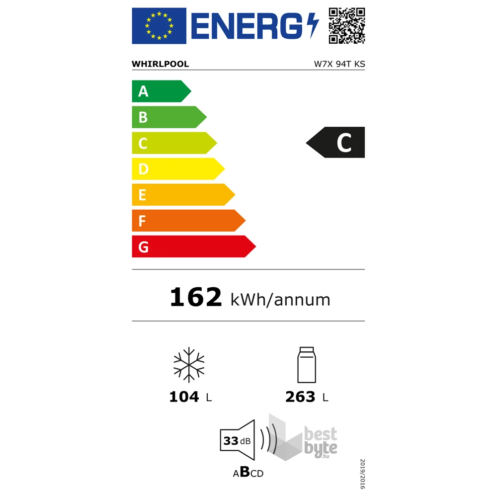 Whirlpool W7X 94T KS fekete, alulfagyasztós, Hűtő:263L, Fagyasztó:104L, Total No frost hűtőszekrény