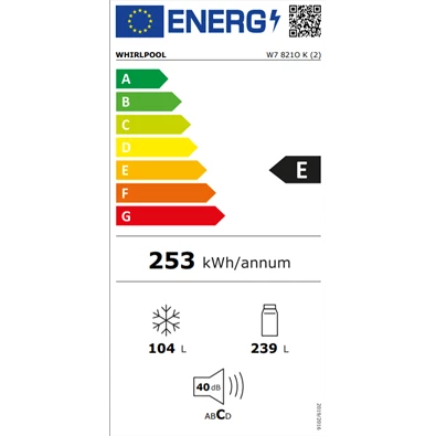 Whirlpool W7 821O K fekete, alulfagyasztós, Hűtő:239L, Fagyasztó:104L, Total No frost hűtőszekrény
