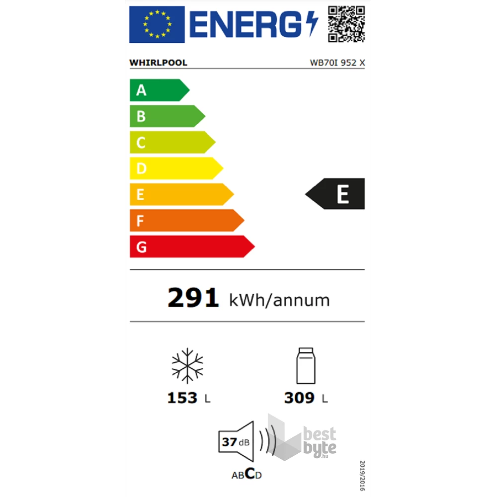 Whirlpool WB70I 952 X inox, alulfagyasztós, Hűtő:304L, Fagyasztó:153L, No frost hűtőszekrény