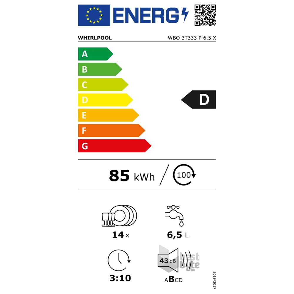 Whirlpool WBO 3T333 P 6.5 X szürke, programok száma: 11, beépíthető, 14 terítékes mosogatógép 