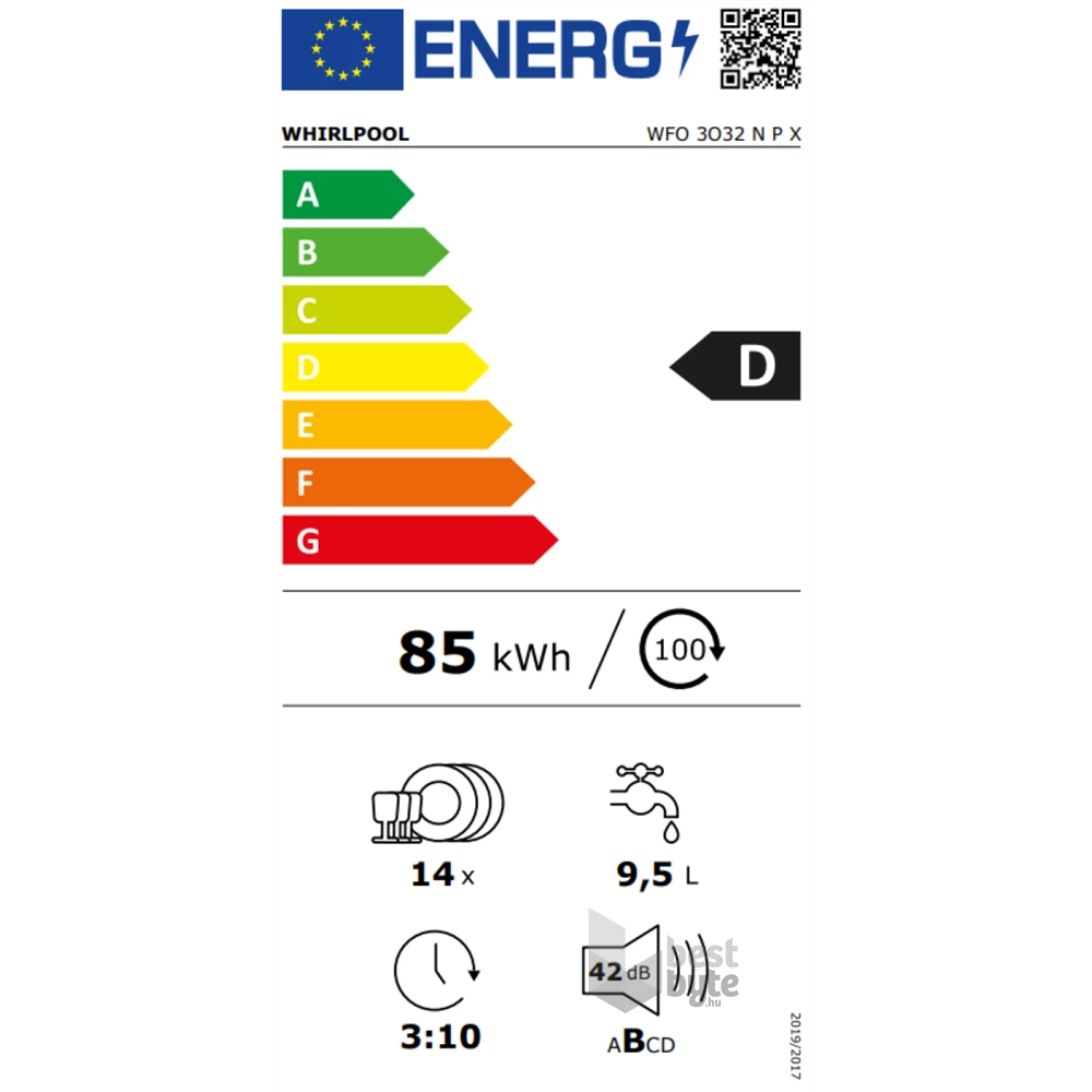 Whirlpool WFO 3O32 N P X inox, programok száma: 10, szabadonálló, 14 terítékes mosogatógép 