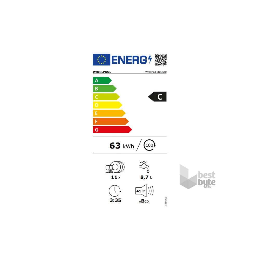 Whirlpool WH6PC11BS7A0 programok száma: 9, keskeny beépíthető, 11 terítékes mosogatógép 