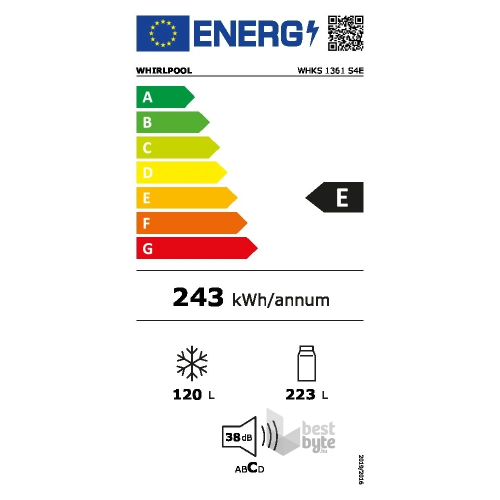Whirlpool WHKS 1361 S4E, alulfagyasztós, Hűtő:223L, Fagyasztó:120L, hűtőszekrény