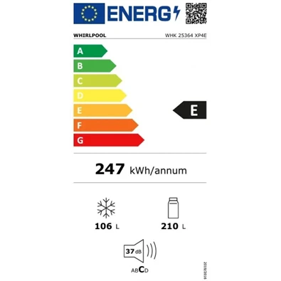 Whirlpool WHK 25364 XP4E, alulfagyasztós, Hűtő:210L, Fagyasztó:106L, Total No frost hűtőszekrény