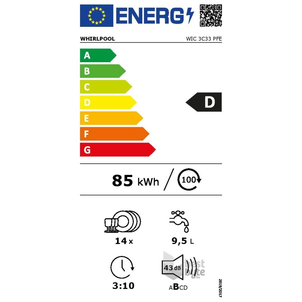 Whirlpool WIC 3C33 PFE programok száma: 8, beépíthető, 14 terítékes mosogatógép 