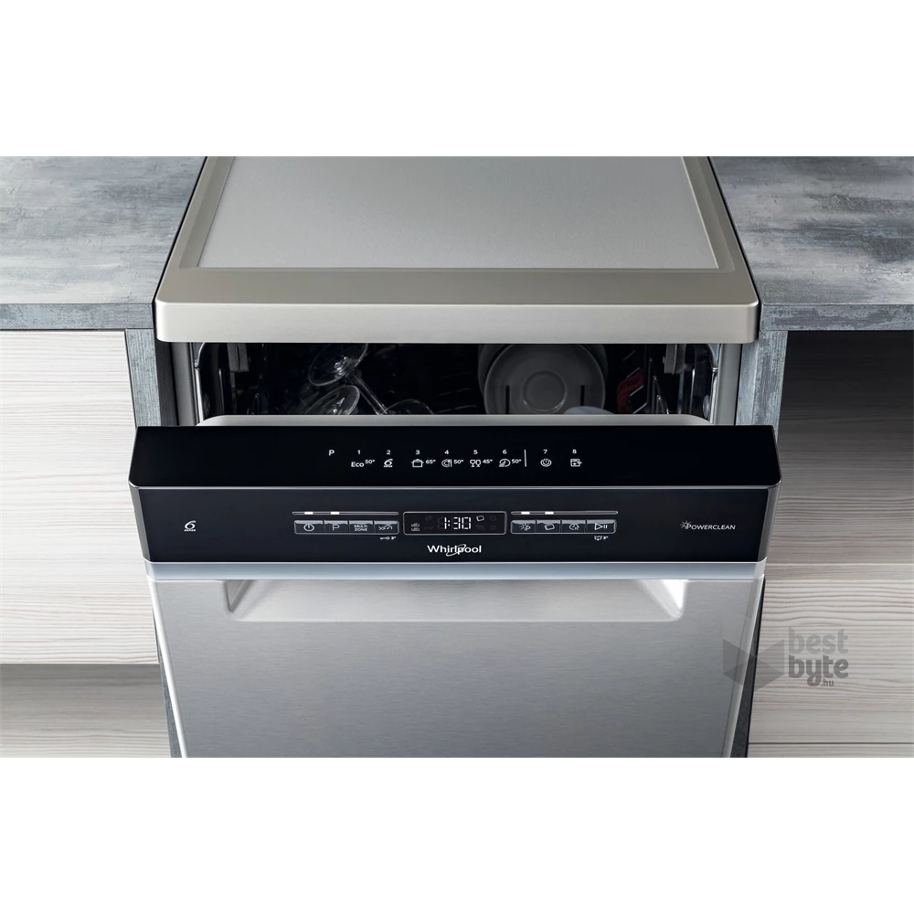Whirlpool WSFO 3O23 PF X inox, programok száma: 7, keskeny szabadonálló, 10 terítékes mosogatógép 