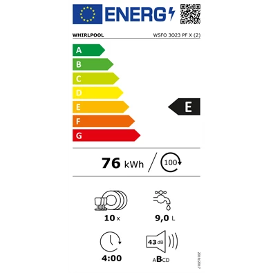 Whirlpool WSFO 3O23 PF X keskeny mosogatógép