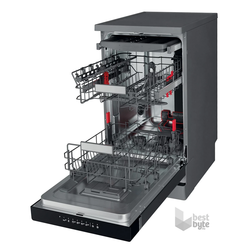 Whirlpool WSFO 3O34 PF X inox, programok száma: 8, keskeny szabadonálló, 10 terítékes mosogatógép 