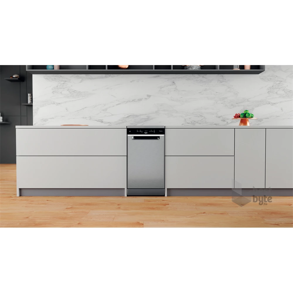 Whirlpool WSFO 3O34 PF X inox, programok száma: 8, keskeny szabadonálló, 10 terítékes mosogatógép 