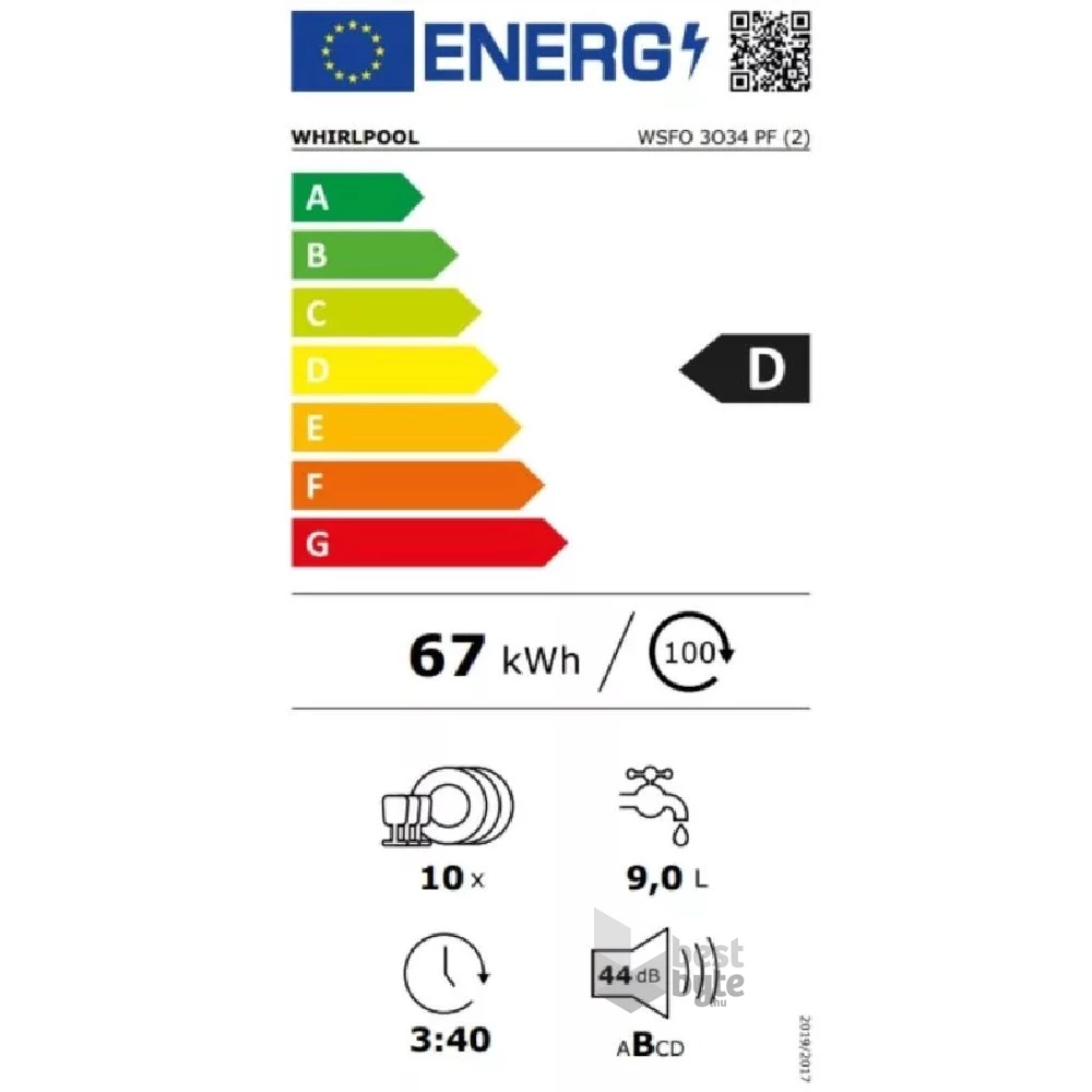 Whirlpool WSFO 3O34 PF fehér, programok száma: 8, keskeny szabadonálló, 10 terítékes mosogatógép 