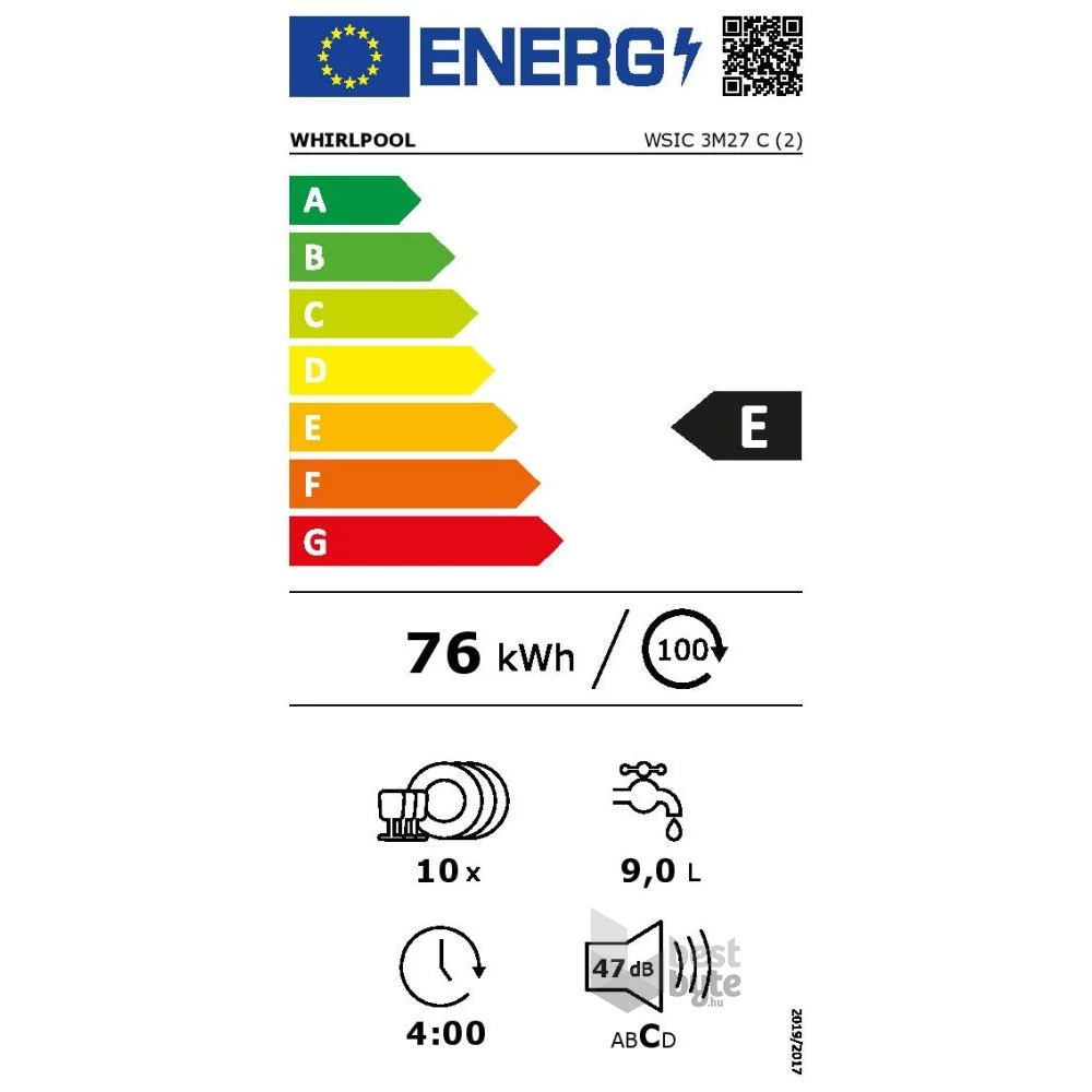 Whirlpool WSIC 3M27 C programok száma: 6, keskeny beépíthető, 10 terítékes mosogatógép 