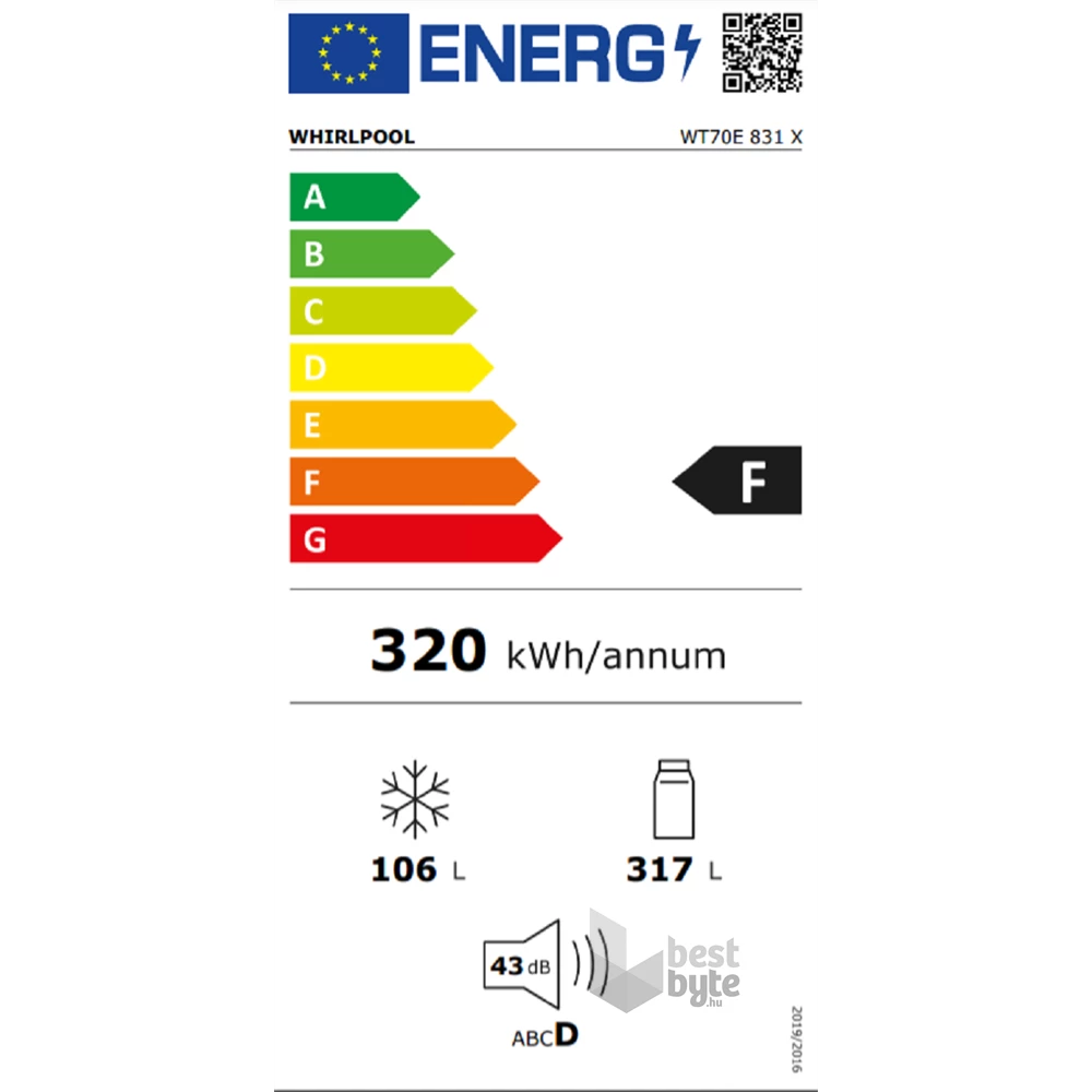 Whirlpool WT70E 831 X inox, felülfagyasztós, Hűtő:317L, Fagyasztó:106L, No frost hűtőszekrény