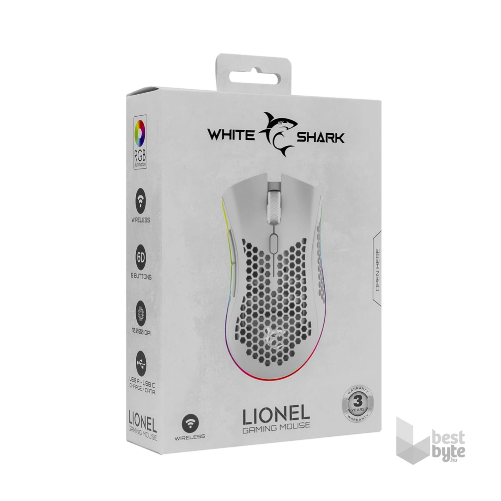 White Shark LIONEL WGM-5012W vezeték nélküli fehér gamer egér