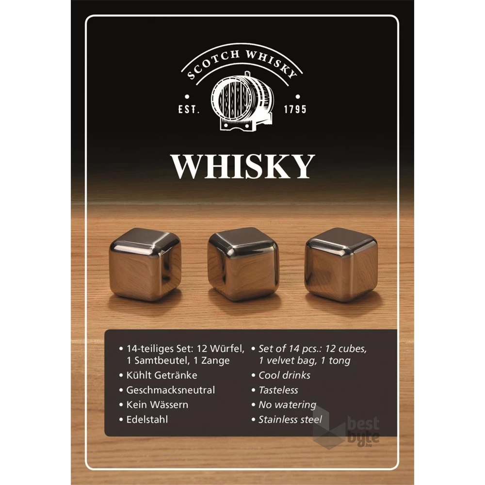 WoMa fekete bársonyzacskóval és csipesszel 12 db-os rozsdamentes acél whisky jégkocka készlet fadobozban