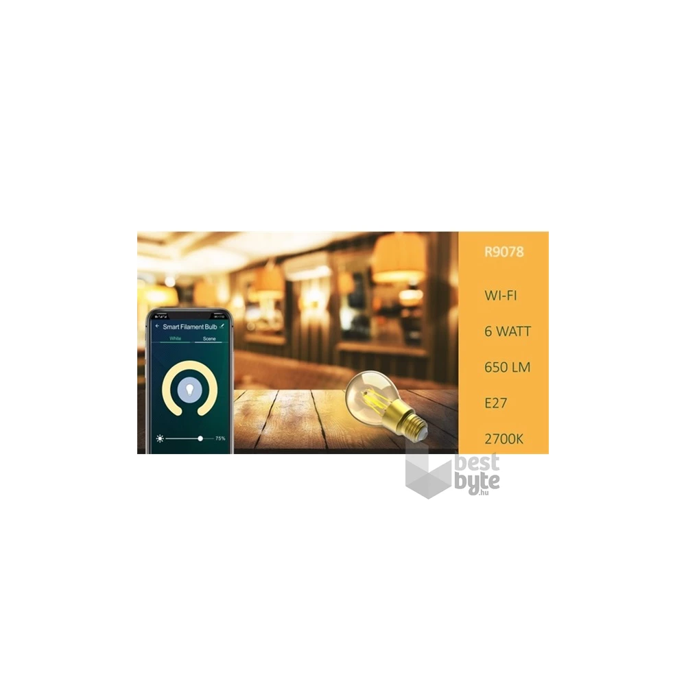 Woox Smart Home Filament LED Izzó - R9078 (E27, 6W, 650 Lumen, 2700K, Wi-Fi, távoli elérés)