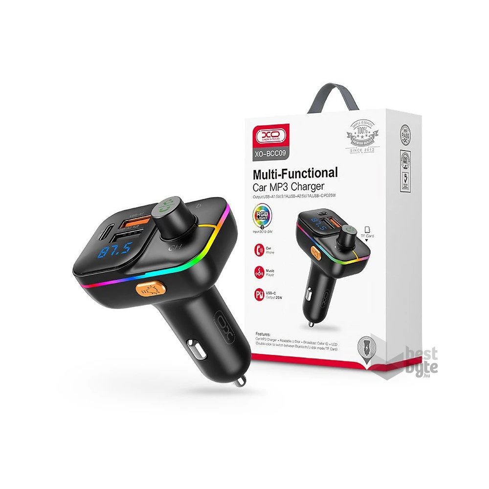 XO TF-0246 XO Bluetooth FM-transmitter/szivargyújtó töltő - 2xUSB + MP3 + RGB Light + PD25W