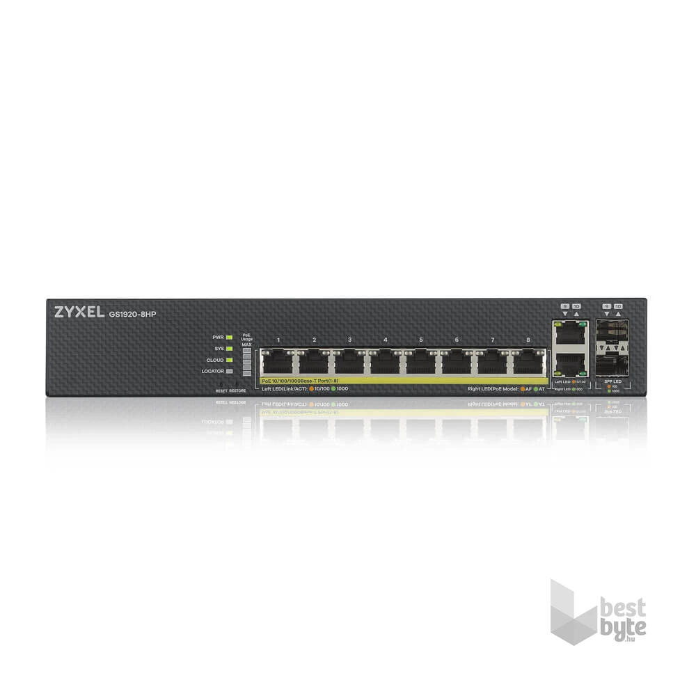ZyXEL GS1920-8HPv2 8port GbE LAN PoE (130W) 2port Gbe combo RJ45/SFP L2 menedzselhető PoE switch