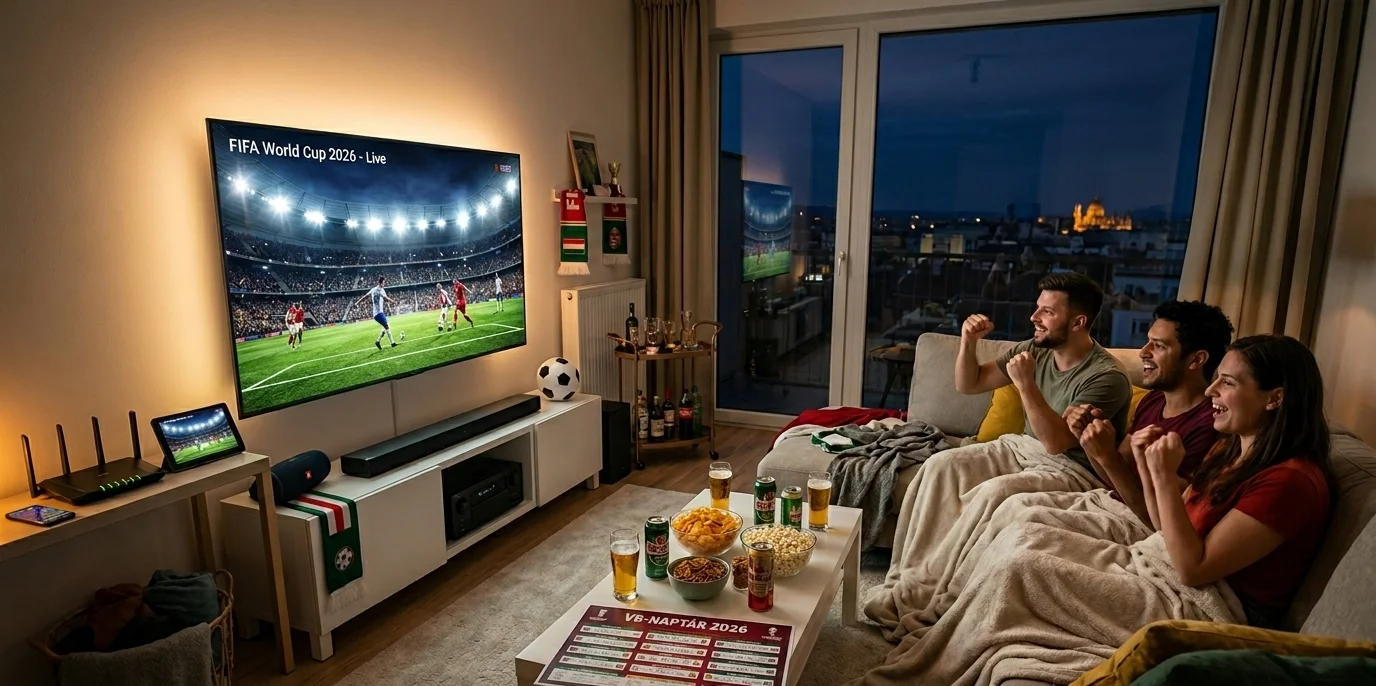 Foci VB szurkolói sarok otthon: baráti társaság meccset néz egy nagy 4K okostévén soundbarral és Wi-Fi routerrel, az asztalon VB-meccsnaptárral és nassolnivalóval