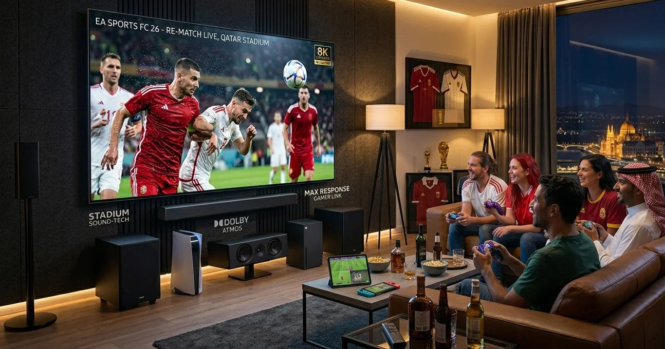 Konzolos foci élmény otthon: barátok EA SPORTS FC 26-ot játszanak PlayStation 5 és Xbox konzolokon egy 8K tévén, gamer kiegészítőkkel és focis relikviákkal