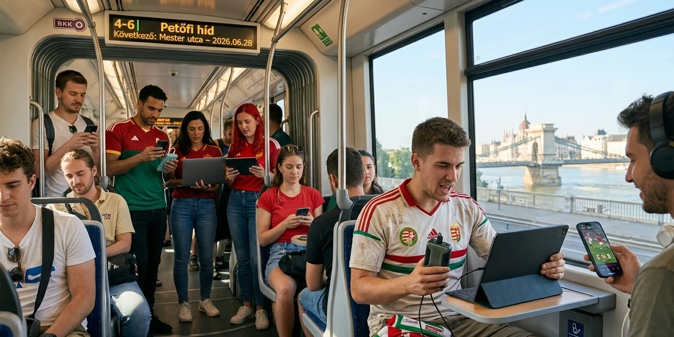 Foci VB meccsnézés útközben: szurkolók tabletet, okostelefont és power bankot használnak a budapesti 4-es 6-os villamoson