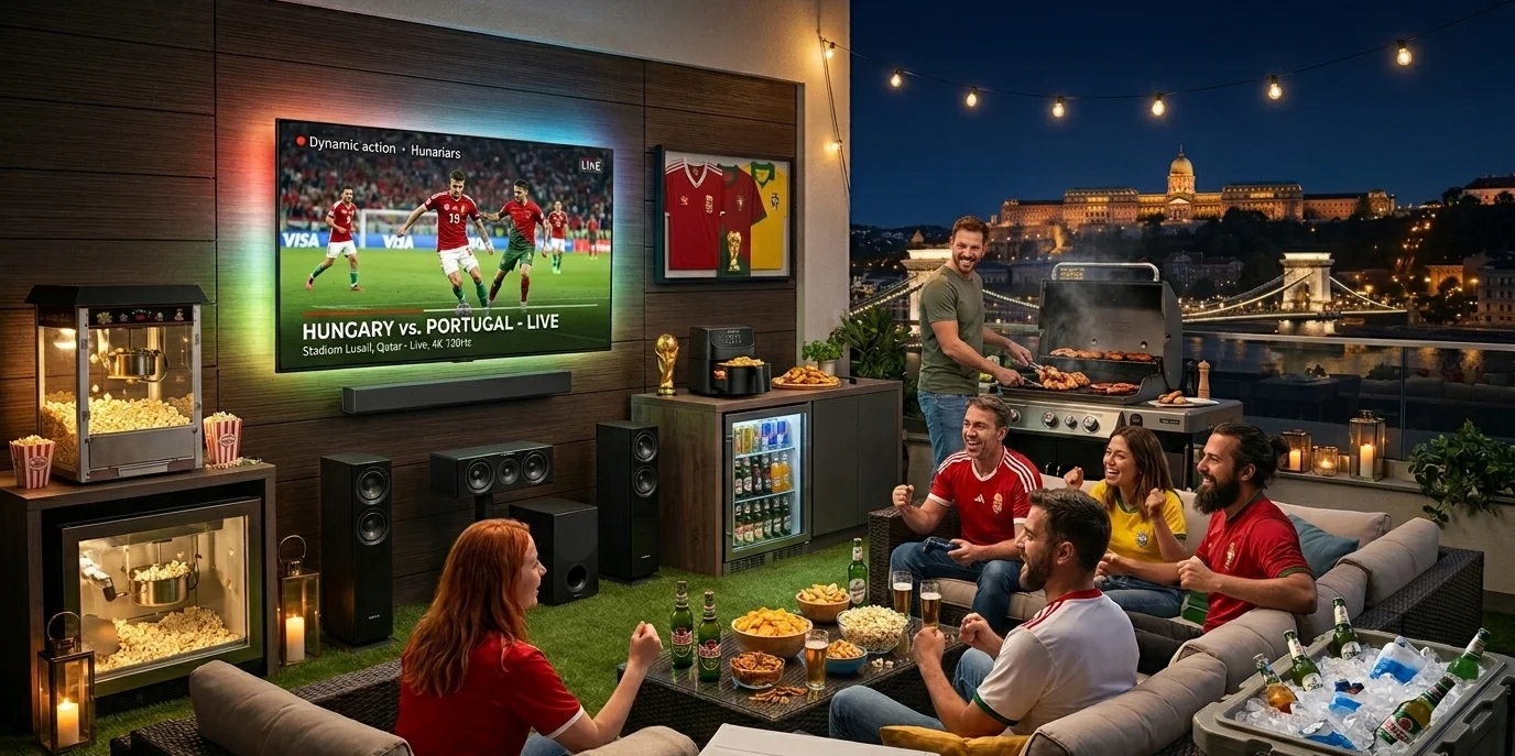 Kerti szurkolói zóna foci VB-re: barátok meccset néznek egy teraszon, grill sütővel, popcorn készítővel, mini italhűtővel és jéggel teli hűtőtáskával