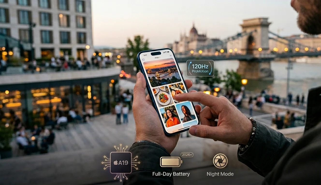 Egy férfi a kezében tartja az új iPhone 17-et egy budapesti panorámás teraszon. A kijelzőn fotók láthatóak, a telefon körül pedig lebegő ikonok jelzik a főbb funkciókat: 120Hz ProMotion kijelző, A19 chip, egész napos üzemidő és Éjszakai mód. háttérben az Országház és a Lánchíd látható szürkületben.