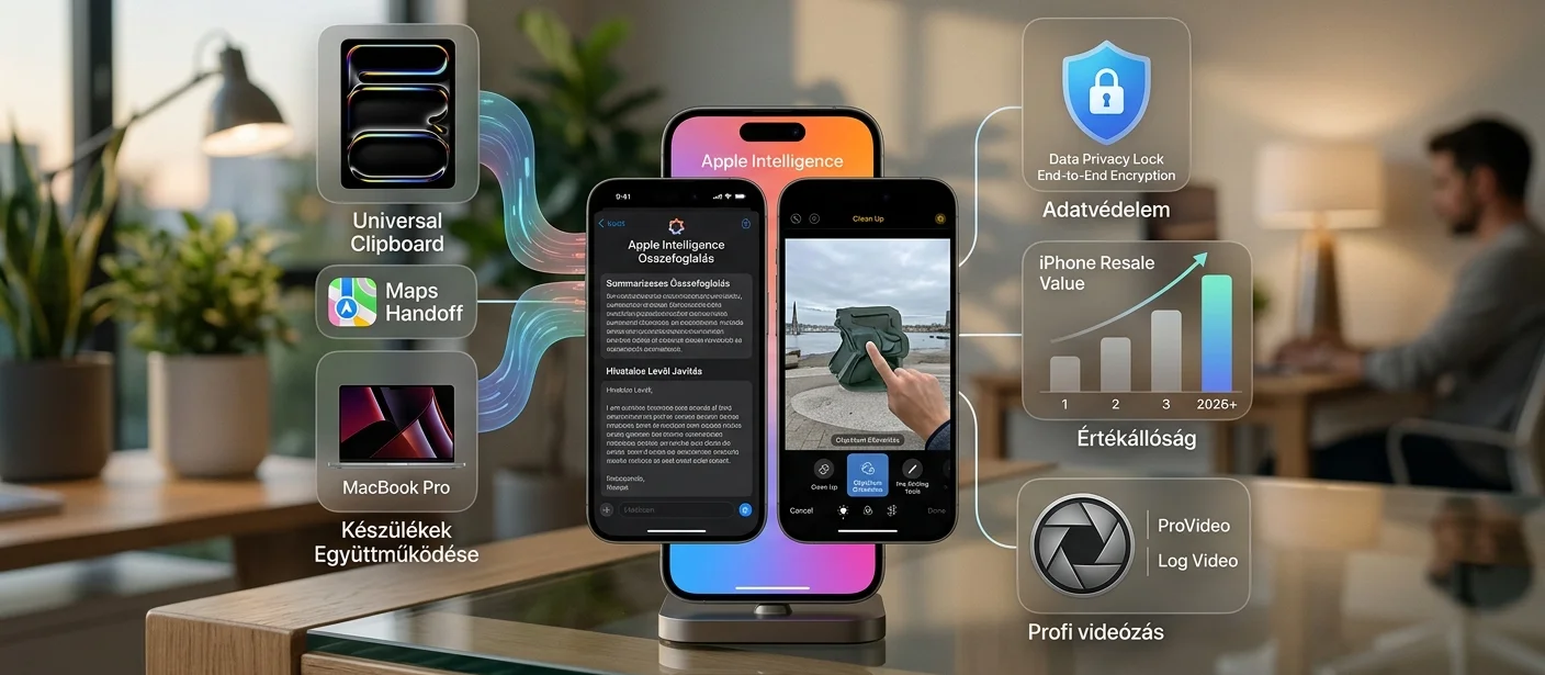 Egy Titanium Grey iPhone 17 egy elegáns dokkolón áll egy modern íróasztalon. A kijelzője az Apple Intelligence funkcióit mutatja: e-mail összefoglalót és fotószerkesztést. A telefon körül lebegő ikonok jelzik a zökkenőmentes Mac és iPad együttműködést, az adatvédelmi pajzsot, a Log videózást és az értékállósági grafikont 2026-ig. Háttérben egy elmosódott otthoni iroda látható.