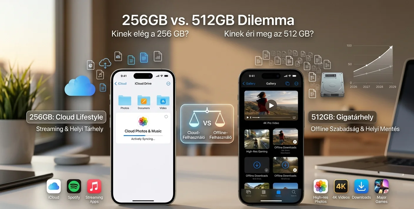 Két iPhone 17 látható egymás mellett egy modern íróasztalon, a 256 GB-os és az 512 GB-os modell összehasonlítására. A bal oldali ezüst modell a Cloud-életstílust és a streamelést mutatja a kijelzőn és a lebegő ikonokon. A jobb oldali asztroszürke modell a 4K Pro Video Galériát és offline letöltéseket ábrázolja Gigatárhely és offline szabadság feliratokkal. A háttérben egy adatnövekedést mutató grafikon látható 2026 után.