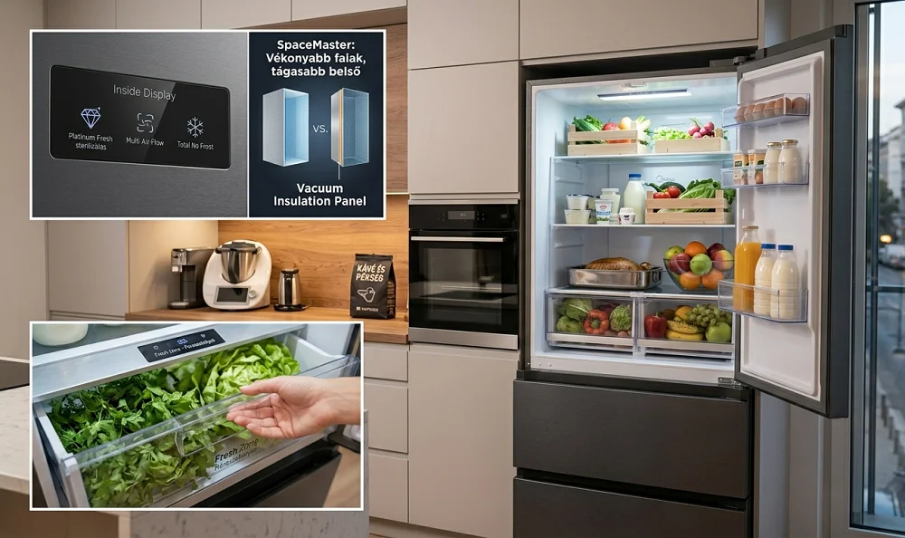 Midea SpaceMaster multi-door hűtőszekrény egy konyhában, szélesre nyitott ajtóval, amely feltárja a bőséges, friss élelmiszerekkel teli belső teret és az LED világítást. Beékelt képek mutatják az Inside Display vezérlőpanelt és a vákumpaneles szigetelés technikai keresztmetszetét, kiemelve a Platinum Fresh sterilizálást és a Multi Air Flow rendszert.