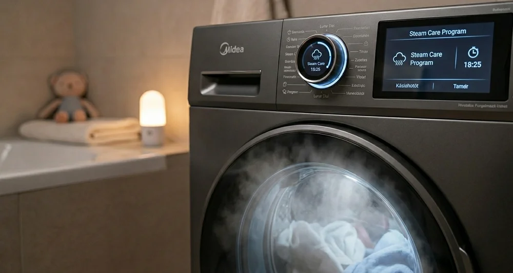 Midea elöltöltős mosógép egy sötétebb tónusú, modern fürdőszobában. A Lunar Dial kijelzőn a gőzprogram aktív, a dob belsejében LED világítás mellett látható a finom gőz. A háttérben egy plüssmaci és éjszakai fény utal a halk, esti működésre.