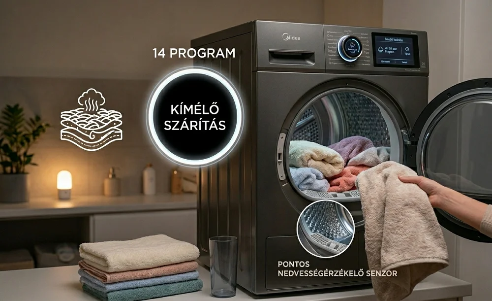 A Midea modern, hőszivattyús (Heat Pump) elöltöltős szárítógépe egy csendes háztartási helyiségben késő este, aktív kímélő szárító programmal és dobvilágítással, amely finom textíliákat forgat, háttérben összehajtott ruhákkal és éjszakai fénnyel.