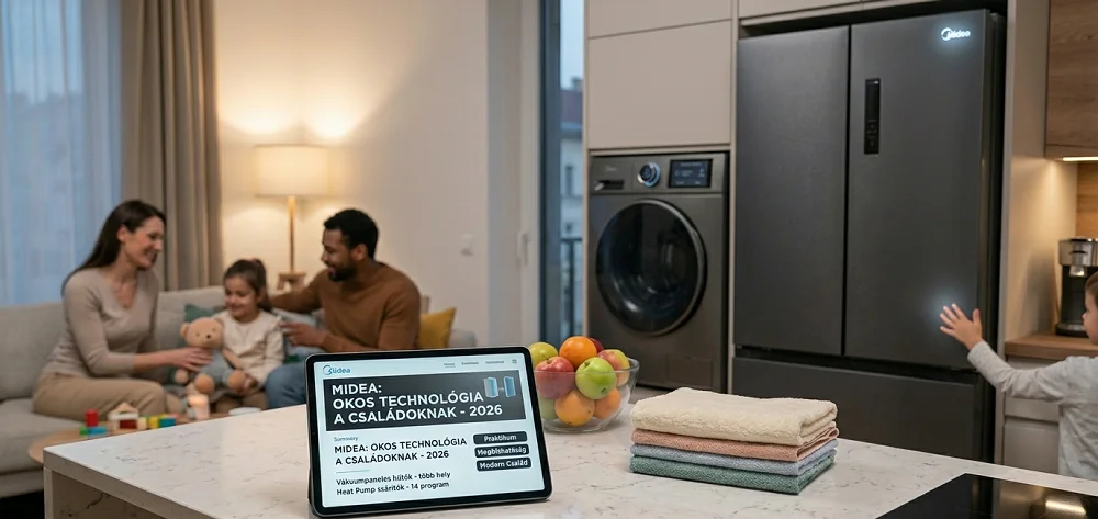 A Midea modern, okos háztartási gépei (hűtő, mosógép) egy tiszta és világos otthonban, a konyha és a nappali egy légterében. A pulton fekvő tablet és telefon a blogposzt összefoglaló címét mutatja. A háttérben egy boldog család pihen.