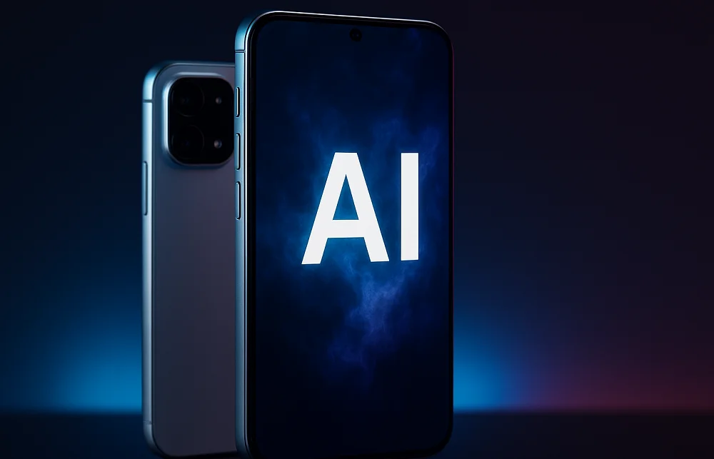 AI-képes okostelefon sötét háttérrel, kijelzőn nagy AI felirat, modern technológiai design.