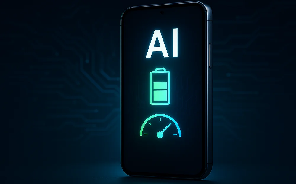 Okostelefon kijelzőjén AI felirat, akkumulátor ikon és sebességmérő szimbólum, a mesterséges intelligencia teljesítmény- és energiaoptimalizálását jelképezve.