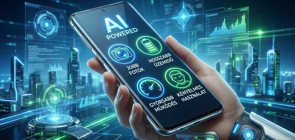 Okostelefon kijelzőjén AI előnyöket jelképező ikonok: kamera, akkumulátor, sebesség és felhasználói élmény, modern technológiai stílusban.