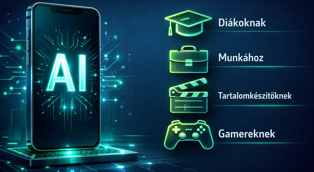 Okostelefon kijelzőjén AI felirat, mellette négy külön ikon: diákoknak, munkához, tartalomkészítőknek, gamereknek – modern tech stílusban.